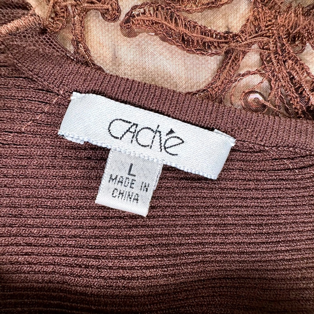 Cache Brown Ribbed Lace Sequin Beaded Sleeveless Tank Top Large 20227 - Picture 6 of 15